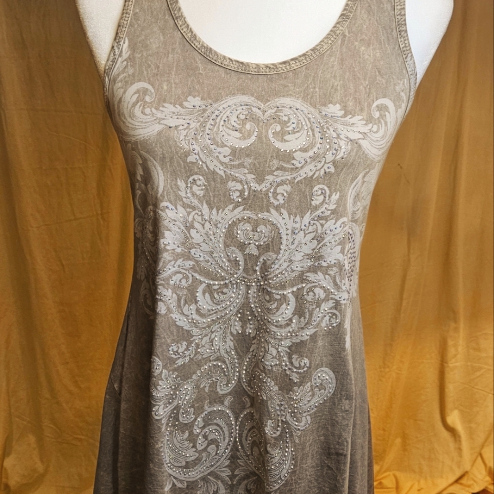 Vocal Silver and Tan Tunic Top with Chic Design - Picture 2 of 15